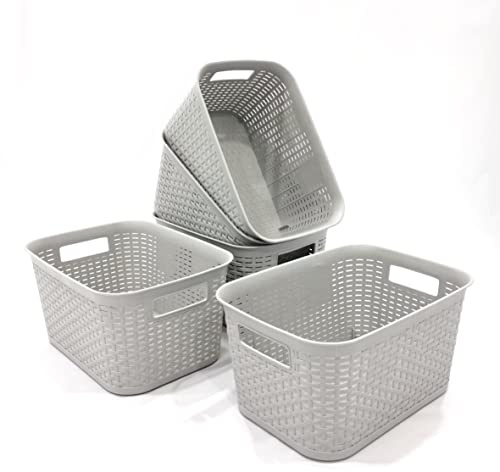 ABBAware 5er Set 9 Liter Aufbewahrungskorb mit Griffen im Rattan-Design, Hellgrau, der Umwelt zuliebe aus recyclebarem PP
