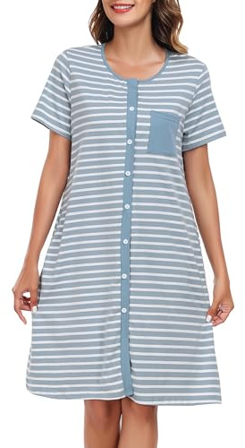 Lovasy Camicia da Notte in Cotone Donna Camicia da Notte Manica Corta a Righe Scollo a V Sexy Sottoveste Curvy con Bottoni Davanti Abito da Notte Estiva con Tasche A Blu Chiaro XL