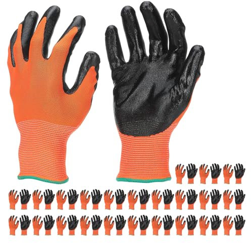 PATIKIL Safety Work Gloves Nitrile Coated, 24 Pair Non-slip Gardening Gloves Seamless Knit Working Gloves with Grip for Women Men Warehouse, Orange Red, Small Size