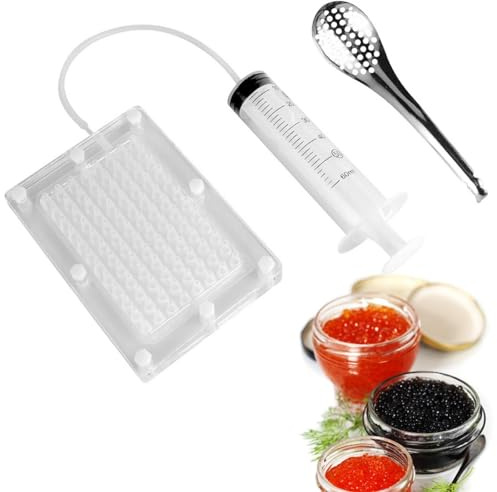 Molecular Gastronomy Kit, Caviar Making Box, Spherical Caviar Dispenser, 100 Holes, Egg Sauce Dispenser, Strainer Tools with Spoon and Syringe,