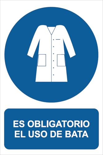 IberNorma MS152 - Señal Adhesiva de Es obligatorio el uso de Bata 15x20cm Pegatina de Obligación homologada Cartel ideal para informar en zonas industriales y salas blancas (15x20cm)