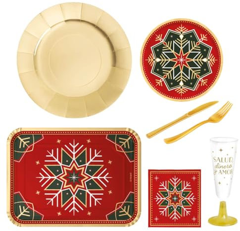 OH YEAH - Vajilla Navidad Cartón Ecológico - Kit 12 Personas - Decoración Navidad Winter - Pack 68 uds - Temática Navideña - Ideal para Nochebuena, Fiestas y Cenas Especiales