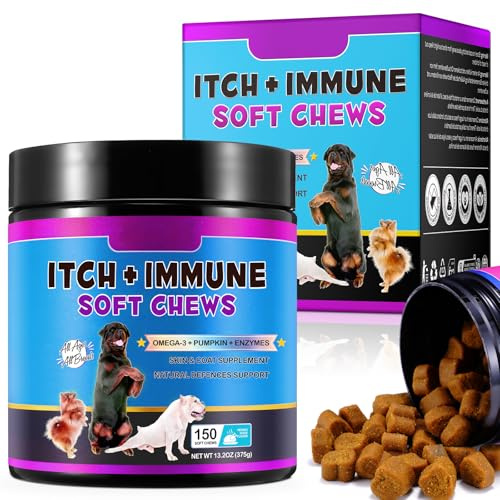 Trattamenti Per L'Immunità Del Prurito Per Cani,Chews Immuno Di Sollievo Dalle Allergie Del Cane(150 Masticazioni) Omega 3,Anti-Prurito E Punti Caldi,Stop Prurito,Leccare,Grattare, Allergie Stagionali