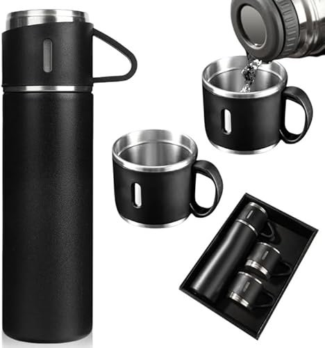 WANDGU ​​Thermoskanne 500ml Auslaufsicher​​ Mit 3 Tassen: ​​BPA-Frei Edelstahl Isolierflasche​​ Mit Griff und Geschenkbox​​, ​​Thermosflasche für Sport, Camping, Outdoor​​ & Schule – ​​Schwarz​​ ​​