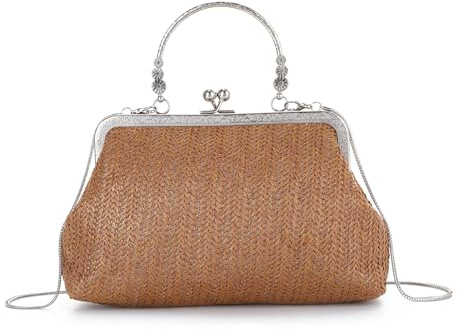 EVEOUT Pochette en Paille Femme avec Chaîne été élégant Clutch Raphia Mariage Fête Retro Sac à Main Tissé Bandoulière pour Plage Vacances(Marron)