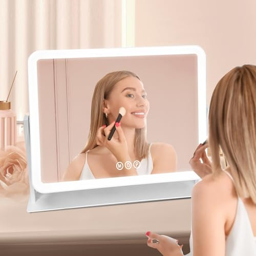 sxorted Spiegel mit Beleuchtung Hollywood Schminkspiegel Dimmbare LED 360° Drehbar 40 * 30cm Kosmetikspiegel mit 3 Lichtfarben 360° Grad Touch Steurung Spiegel für Schminktisch