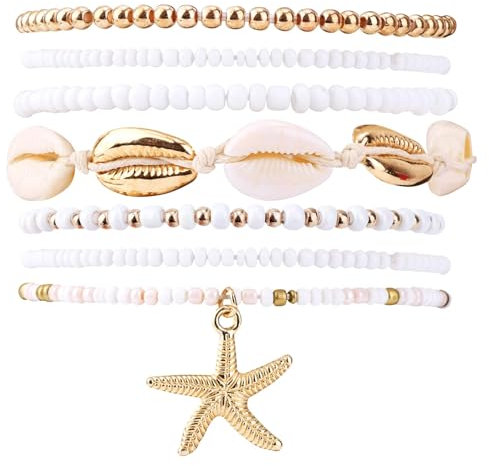 Mikovivi 7stk Sommer Strand Armband für Damen, Stapelbare Muschel Seestern Perlen Stretch Surfer Armbänder Set Boho-Stil Strandurlaub Party Freundschaftsschmuck Geschenk