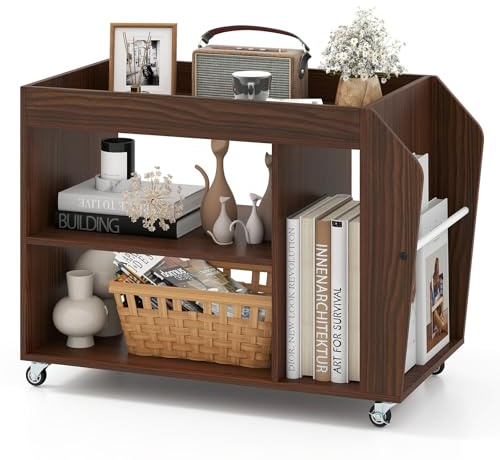 COSTWAY Mesa Auxiliar de 3 Niveles con Ruedas Universales, Mesilla de Noche Rodante, Estante de Almacenamiento, Mesita Sofa Salon Dormitorio, 76 x 39,5 x 55 cm, Nogal