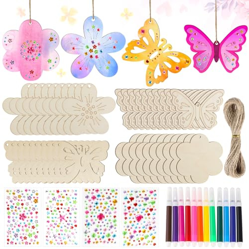 40 Pièces Kits Fleurs et Papillons Bricolage Enfant, Ensemble de Copeaux de Bois, Kit Creatif Enfant avec Crayons Aquarellables, Autocollants et Ficelle pour Décorations Festives
