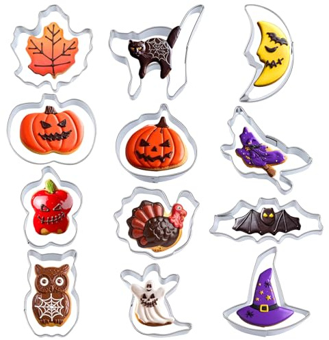 12Pcs Mini Halloween Cookie Cutters Set, Stainless Steel Mini Cookie Cutters Bake Mold for Baking Pumpkin,Ghost,Black Cat,Bat,Wizard Hat,Wizard,Maple Leaf,Moon,Turkey for Halloween Party Supplies