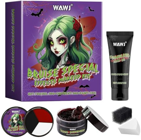 WAWJ Kit de maquillage d'Halloween - Peinture corporelle pour Halloween avec gel sang + pâte de sang + disque tricolore + éponge - Effets spéciaux lavables pour Halloween - Pour théâtre artistique