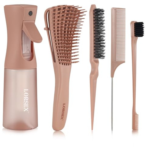 LORSEX Hair Brush with 200ml Hair Spray Bottle, Detangle Hairbrush for Black Natural Hair, Afro American Type 3a-4c, 3 Pcs Slick Brush Set (Terracotta)