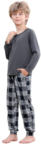 Comfyouth Pigiama da Ragazzo, a Maniche Lunghe, 2 Pezzi, con 2 Tasche, Set Pigiama Invernale per Bambini, Maglietta a Maniche Lunghe e Pantaloni a Quadretti con Coulisse 10-12 Anni Grigio + Nero