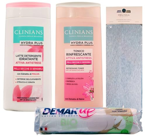 SET PER LA CURA DEL VISO, Per Pelli Secche e Sensibili: Latte Detergente Idratante 200ml + Tonico Rinfrescante 200ml + Confezione Da 85 Dischetti Levatrucco Bio + Fascia Per Capelli