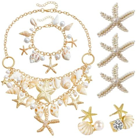 YDUNARISE 7 Stücke Meerjungfrau Schmuck,mit Muschel Ohrringe,Seesternkette Armband,Perlen Seestern Haarschmuck,Strandschmuck für Karneval,Mottoparty