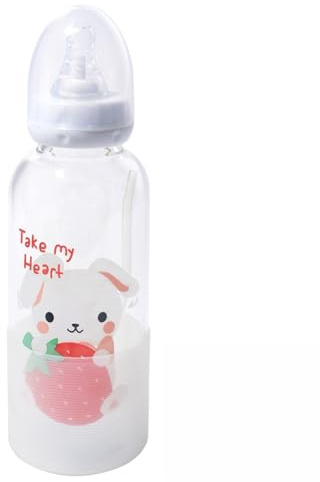 Babyflasche für Erwachsene Glas flasche Schutzkappe niedliches Gedruckt Fütterung BPA-frei sauger Silikon 400ml im Set Strohhalmbecher Straw-Strawberry Bunny