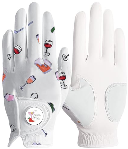 LOVMEAD Damen Golfhandschuh mit Ballmarker Linke Hand 1 Stück, PU Leder Golf Handschuhe Damen Voll Finger Halb Finger Modisches Muster Stabile Griffigkeit (Beige,M, Links)