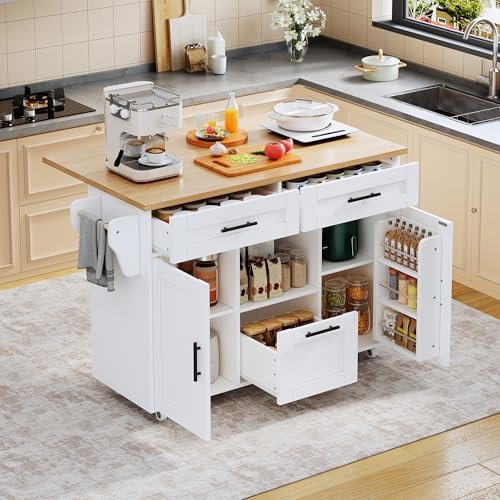 Fppuueg Isla Cocina con Ruedas y Encimera Plegable, Aparador Cocina con Cajones y Estantes Ajustables, Mueble Auxiliar de Cocina, Carro de Cocina Gabinete Buffet, 120x46(71) x90 cm, Blanco B