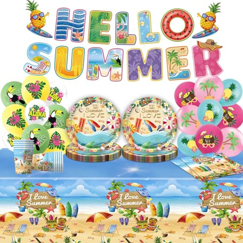 JUNBAOYYDS Set de vajilla para fiesta en la piscina, accesorios para fiesta de cumpleaños en la piscina, vajilla para fiesta infantil, cubiertos de cartón, platos y vasos de cartón, servilletas para
