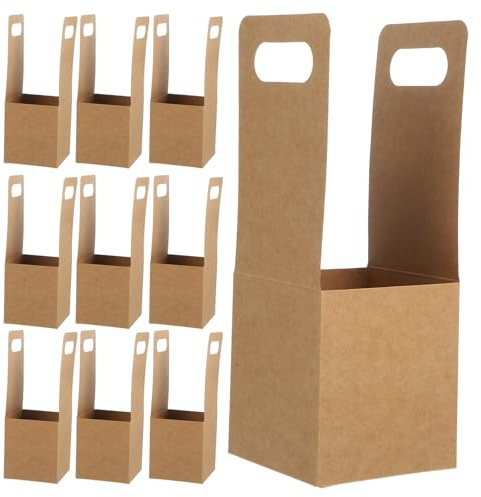 Uonlytech 10 Unidades Portavasos de Papel Desechable Asa Marrón, Diseño Portátil y Plegable para Bebidas Calientes o Frías, Adecuado para Café para Llevar y Té Burbujas