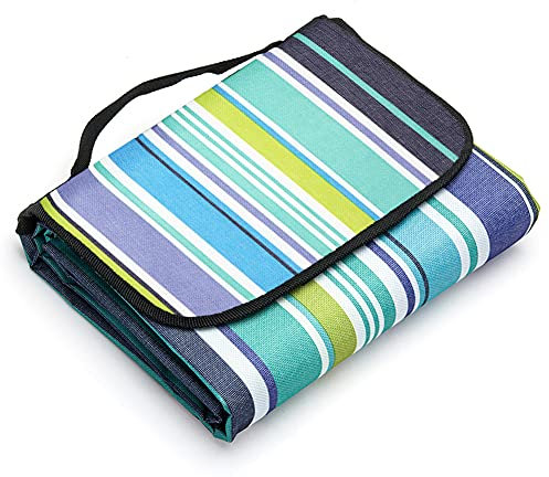 LIVEHITOP Picknick Decken 200x200 cm Wasserdicht, Tragbar Faltbar Groß Picknickdecke Strandmatte für Familie Camping Strand BBQ Outdoor Sommer, 79’’x79’’ (Blau Streifen)