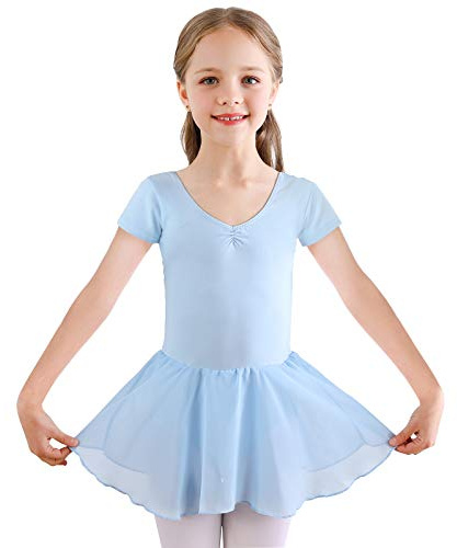 Bezioner Girls Ballet Dress Kids Gymnastics Dance Leotard Costume Dancewear With Skirt (Blue, 120(110-120cm,6-7 years))