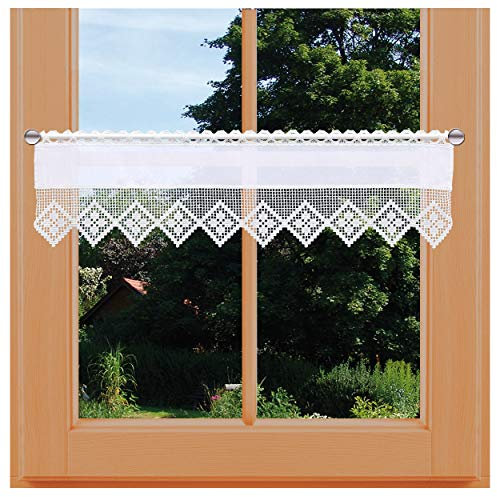 Feenhaus-Scheibengardine Lydia Vogtländische Spitze in weiß | Landhaus-Spitzengardine in geometrischer Häkelmusteroptik | fein gestickter Scheibenhänger mit Blumenmuster Höhe x Breite 21 x 93 cm