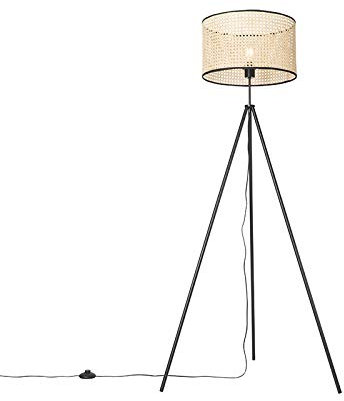 Qazqa - Landhaus I Vintage Ländliches Stehlampen-Stativ schwarz mit Rattan-Schirm - Kata I Wohnzimmer I Schlafzimmer - Länglich - LED geeignet E27