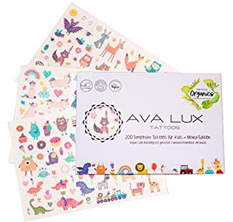 AVA LUX Tattoos, 200 VEGANE Kindertattoos zum Aufkleben, hautfreundlich, plastikfrei verpackt, made in Austria & Germany, temporäre Tattoos für Kinder, farbenfroher Mix für Mädchen und Jungs