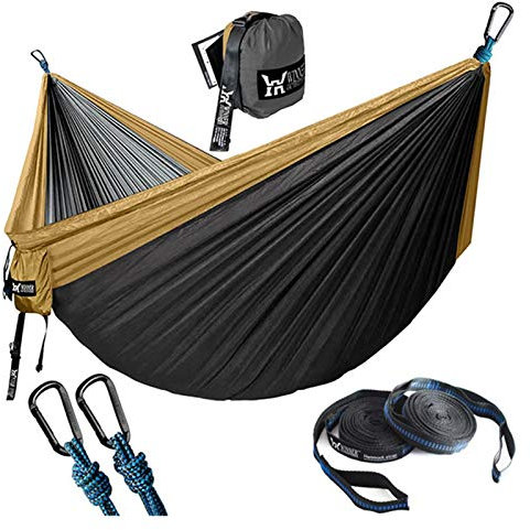 LIANYG Hängematte Tragbare Hängematte Doppelperson Nylon Camping Hängematte Survival Garten Hängende Schlafstuhl Reise Möbel Parachute Hängematten 661 (Color : Khaki and Dark Grey)