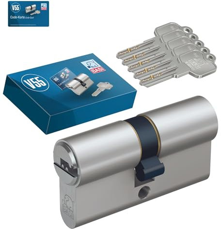 BASI | V55 Profil-Doppelzylinder 30/30 mm | Zylinderschloss mit 5 Wendeschlüssel und Codekarte | Bohrmuldenschlüssel | Pickingschutz & Anbohrschutz | Verschiedenschließend