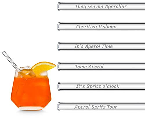 Halm Glass Drinking Straws Aperol Spritz Gift Set | 6 Pieces Straight 15 cm for Aperol Spritz Glasses | 6 Humorous Sayings Cocktail Accessories | Reusable Glass Straws Engraved - Glass Sippers