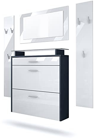 Vladon Garderobe Malea, Garderobenset bestehend aus 1 Hängeschuhschrank, 1 Wandspiegel und 2 Garderobenpaneele, Anthrazit matt/Weiß Hochglanz