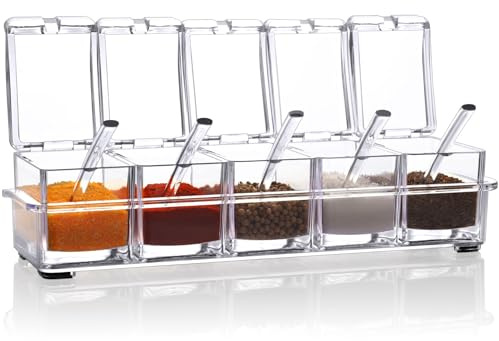V·RESOURCING Lot de 5 boîtes d'assaisonnement transparentes pour épices, sel, sucre, condiments avec 5 cuillères