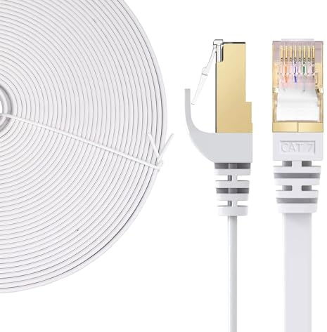 Elfcam® - 10m LAN Kabel Netzwerkkabel Cat 7 Ethernet Kabel mit Vergoldetem RJ45 Stecker Flach und Dünn, 100% Kupfer Starres Verlegekabel, STP, 32 AWG, Weiß (10m)