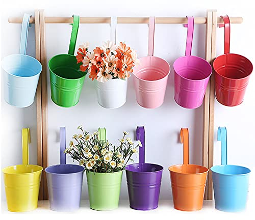 WKLSSRH 12er Metall Hänge Blumentöpfe Set Blumentöpfe zum Aufhängen mit Gartenwerkzeug Set Terrakotta Blumentöpfe-Eimer Hängetöpfe mit Abflussloch Bunt Blumentöpfe Balkon Garten