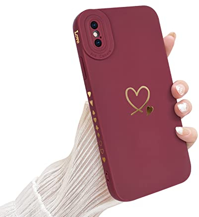 Newseego Hülle Kompatibel mit iPhone X/XS Stilvolles Gold Love-Herz Muster Design Weiches Flüssigsilikon iPhone X/XS Hülle Niedliches Herz Seitenrahmen Stoßfeste Schutzhülle für iPhone X/XS-Claret