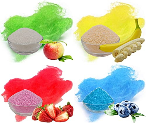 4x 100g Aromazucker Set mit Geschmack Apfel Banane Erdbeer Heidelbeere farbiger Zucker für Zuckerwatte