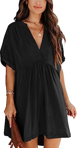 Minclouse Women's Babydoll Short Sleeve Tunic Dress V Neck Cute Casual Loose Dresses (Black,Medium,Female,Adult,US,Alpha,Medium,Regular,Regular)