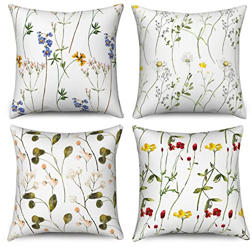 Hnmdmyi Kissenbezug Blumen 40x40 4er Set, Bunte Wildblume Grünes Blatt Pflanze Botanisch Dekorative Kissenbezüge Quadratisch Leinen Kissenhülle für Sofa Couch Bett Garten Outdoor Home Decor