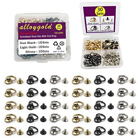 Alloygold Remaches para tela, 30 juegos de 3 colores, remaches de cabeza redonda de aleación de zinc con remaches de anillo de tracción para cuero, manualidades, cartera, bolsa de decoración