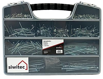 siwitec Schraubenbox 600-teilig | 9 verschiedene blau verzinkte Spanplattenschrauben mit Senkkopf und 3 Torx Bits | Schrauben Set | Schrauben in Sortimentsbox