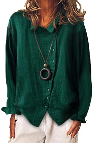 Womens Baggy Breathable Cotton Linen Blouses Long Sleeve Button Lightweight Shirt Tops Solid Color Casual Shirts (Dark Green,Large)
