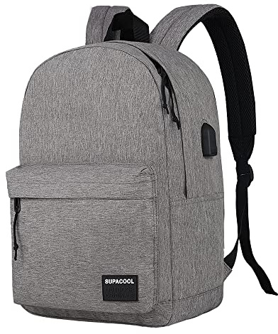 SUPACOOL Zaino leggero e casual con porta di ricarica USB per uomini e donne, borsa per libri di scuola per college, Big Size, laptop(Light Grey)