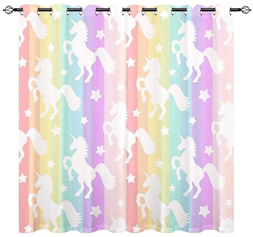 YUANZU Weißes Einhorn Vorhänge Mädchen Regenbogen Streifen Ösen Gardinen mit Blickdichte Vorhang Kälteschutz Blackout Curtain Kinderzimmer Schlafzimmer Verdunkelung Fenster, 2 Stück, H 160 x B 132 cm