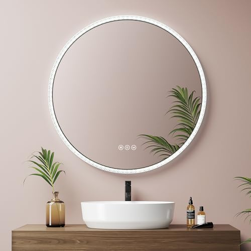 EMKE Badspiegel mit Beleuchtung rund 60cm, schwarz, 3 Lichtfarben | Badezimmerspiegel mit Antibeschlag-Funktion, Dimmbar, Touchschalter, Speicherfunktion, IP44 Schutz