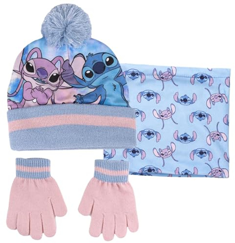 Disney Stitch & Angel Cappello Bobble + Sciarpa Snood + Set di Guanti Bambine 3 Pezzi Set Invernale Regalo, Blu, 3-10 anni