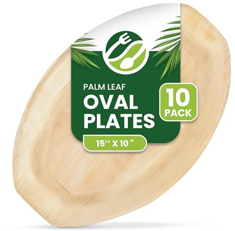 ECO Leaf Lot de 10 plateaux de service jetables en feuille de palmier, ovales moyens, 36 cm x 25 cm, plateaux pour débutants, assiettes de mariage, comme des assiettes en bois, plateaux alimentaires