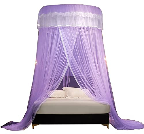 Prinzessin Bettvorhänge Moskitonetz Baldachin Installationsfreie, vom Boden bis zur Decke reichende Kuppel Moskitonetz Bettnetz Verdickter Betthimmel für Zimmer, Lila, 120 cm