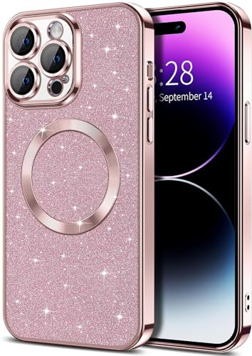 miyonsin Glitter Magnetica Cover per iPhone 15 PRO Max, Anti Graffi Glitter Custodia, Brillantini Sottile Silicone TPU Antiurto Case per iPhone 15 PRO Max, Oro Rosa